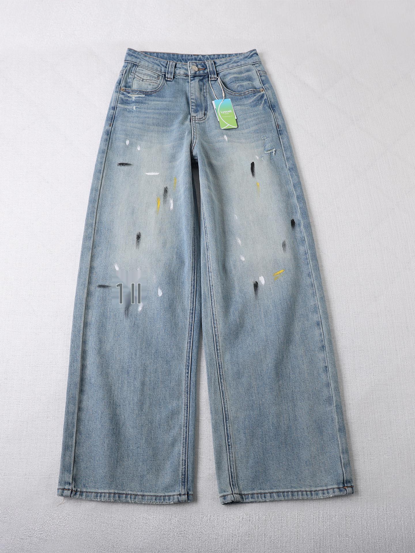 

Women s High-Waist Retro Ink Splash Straight-Leg Jeans - Loose & Slim, Floor-Length, Spring Trendy 26 синій
