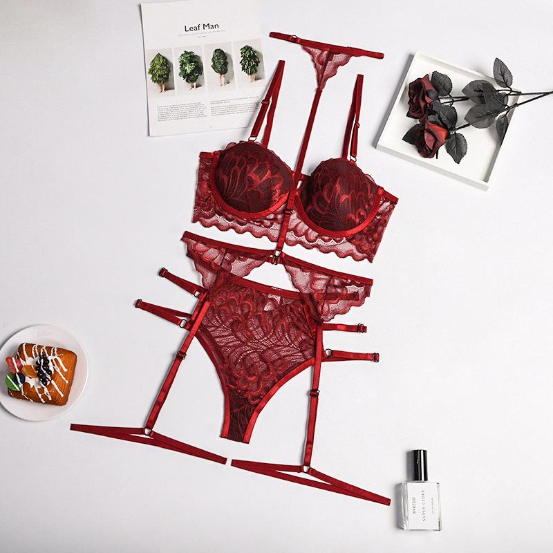 

Женское эротическое нижнее белье, висящий на шее, пояс с подвязками, соблазнительное красное сексуальное женское белье на косточках, утолщенный бюстгальтер и трусики, комплект S кларет