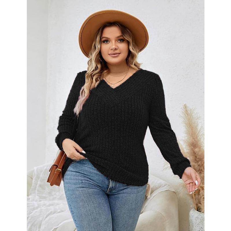 Autumn New Women's Plus Size V Neck Sweater Loose Casual Long Sleeved Blouse