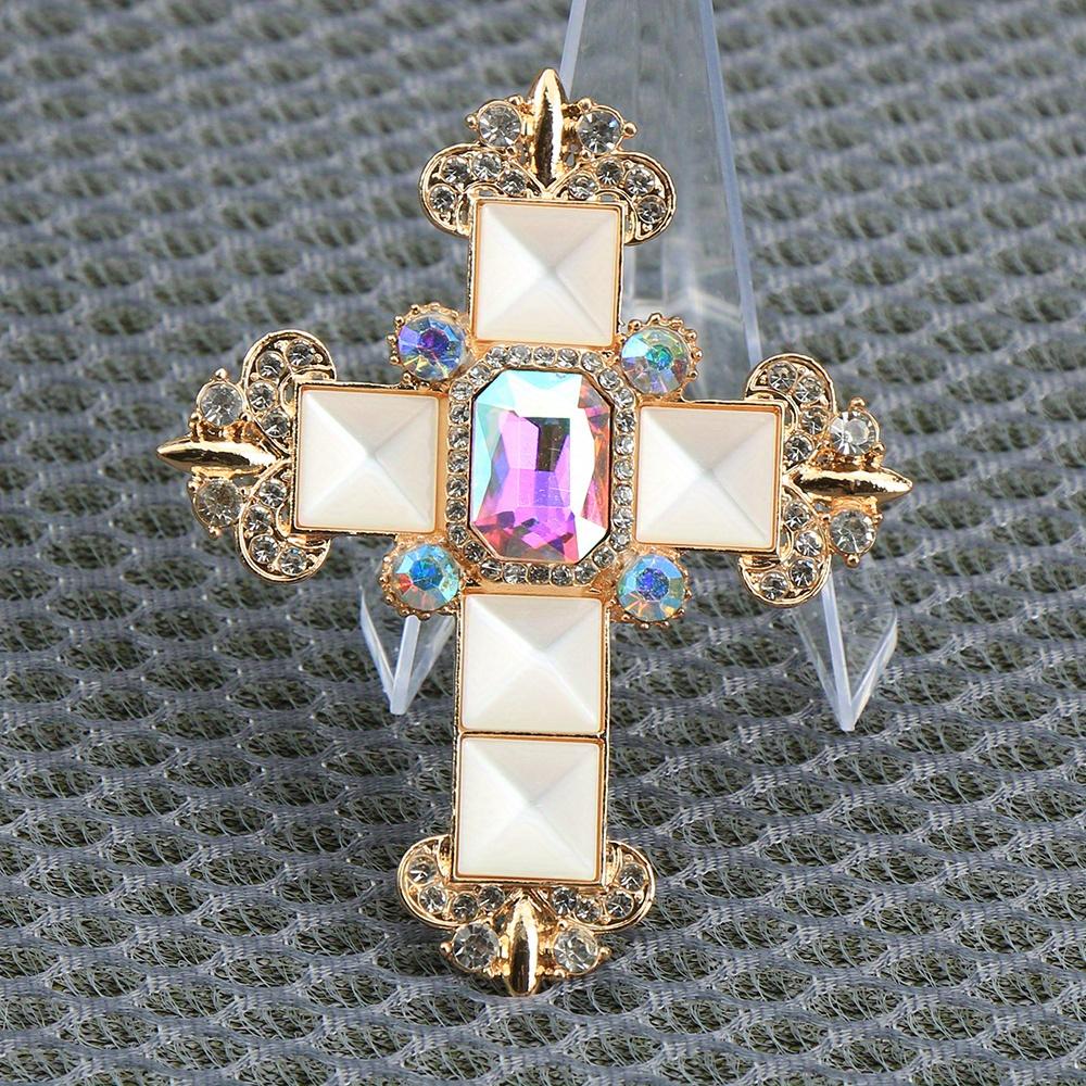 Vintage Glamorous Rhinestone Cross Brooch with Teardrop & Square Accents - Golden-Tone Metal Unisex Corsage Pin for Suits, Dresses, Christmas, Graduat