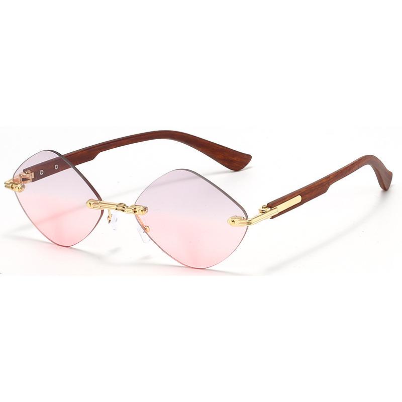 Fashion rhombus frameless trimmed sunglasses men's and women's wood grain European and American sunscreen sunglasses