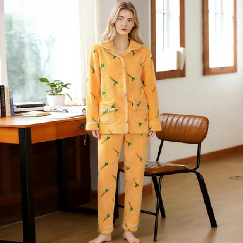 Flannel Pajamas Women's Fleece-Lined Thickened Warm Homewear Set