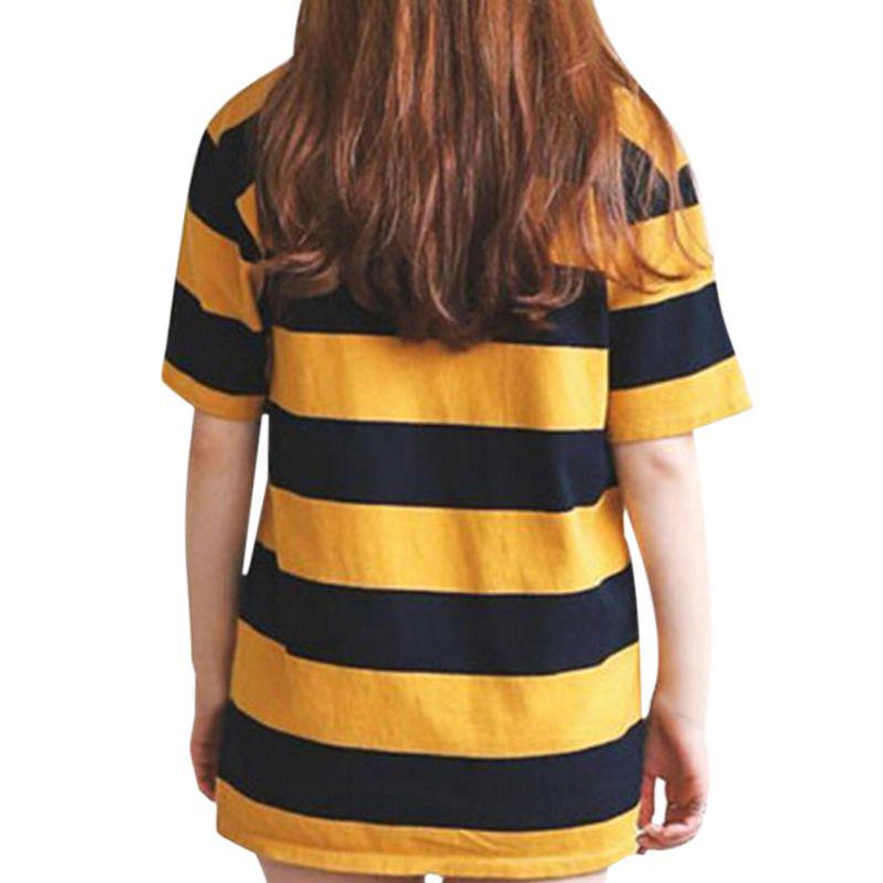 Women Yellow and Black Striped Round Neck Collar Loosen Half Sleeve T-Shirt Casual Blouse Tops