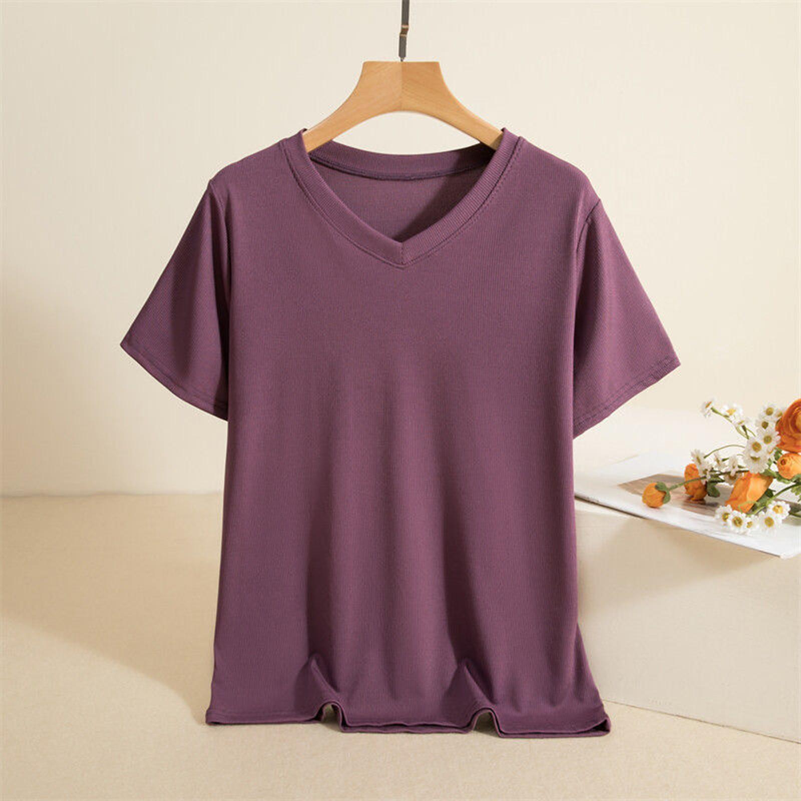 

Women s Loose Casual Threaded T-shirt For Summer Wear V-neck Short Sleeved Top Color Thin Base Shirt For Inner Layer XXL