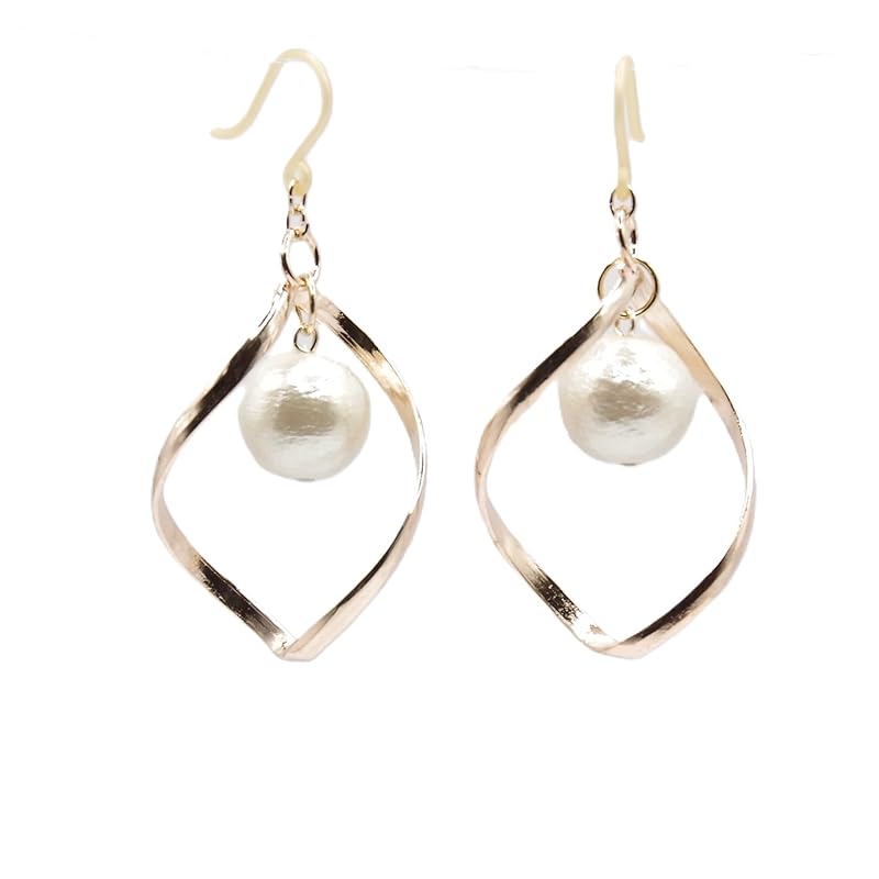 

[Land of sparrows Accessories] Made in Japan earrings cotton pearl twist frame sway light simple both ears cute resin hook Allergy friendly (resin