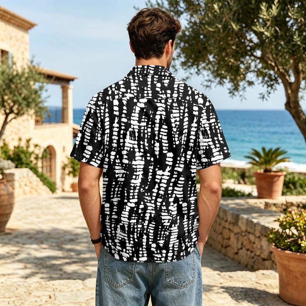 Men’s Spring Summer Casual Shirt Cotton Linen Short Sleeve Button Down Collared Top with Abstract Print Lightweight Relaxed Fit