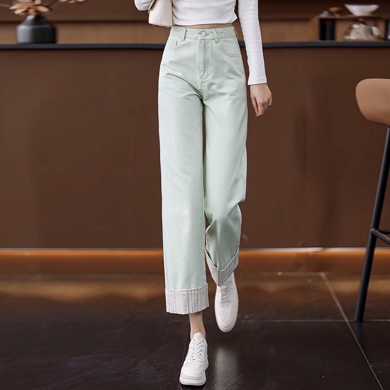 

Женские джинсы широкие штанины с манжетами - Прилегающие, С высокой посадкой, Длина до щиколотки, Модные брюки Весна 2025 28