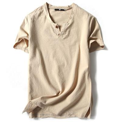 Großes Freizeit-T-Shirt im chinesischen Stil für Herren - Einfarbiges Kurzarm-Baumwoll- und Leinenimitat