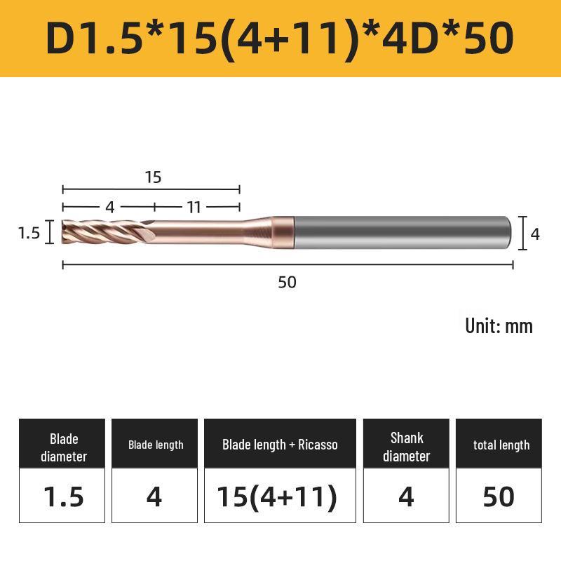 55° 4-Flute Carbide Coated Steel Flat-Bottom Deep-Groove CNC Milling Cutter with Blade Length and Clearance Combo