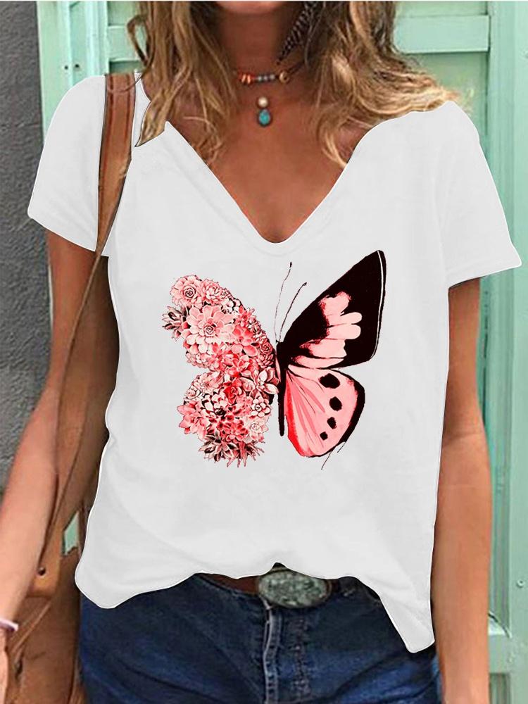 Summer Butterfly 3D Print T-shirt Women Streetwear Casual T Shirts Y2k Tops Woman Harajuku V-Neck Tees Oversized Clothing S