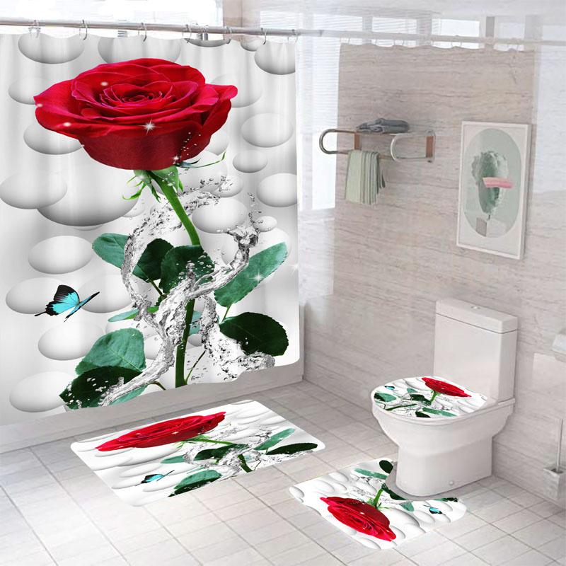 3D Rose Flower Shower Curtain Set Non-Slip Rugs Bath Mat Toilet Lid Cover and 12 Hooks Waterproof Polyester Bathroom Decor
