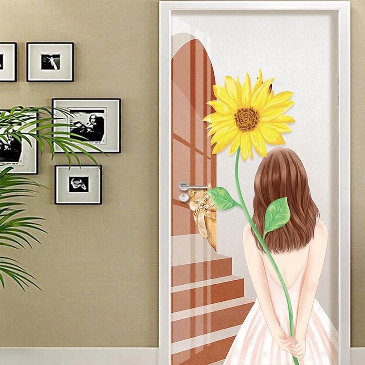 Sunflower Door Stickers Retro Decorative Sticker Self-adhesive Waterproof Colorful Pattern Wallpaper Mural Apartment Decor