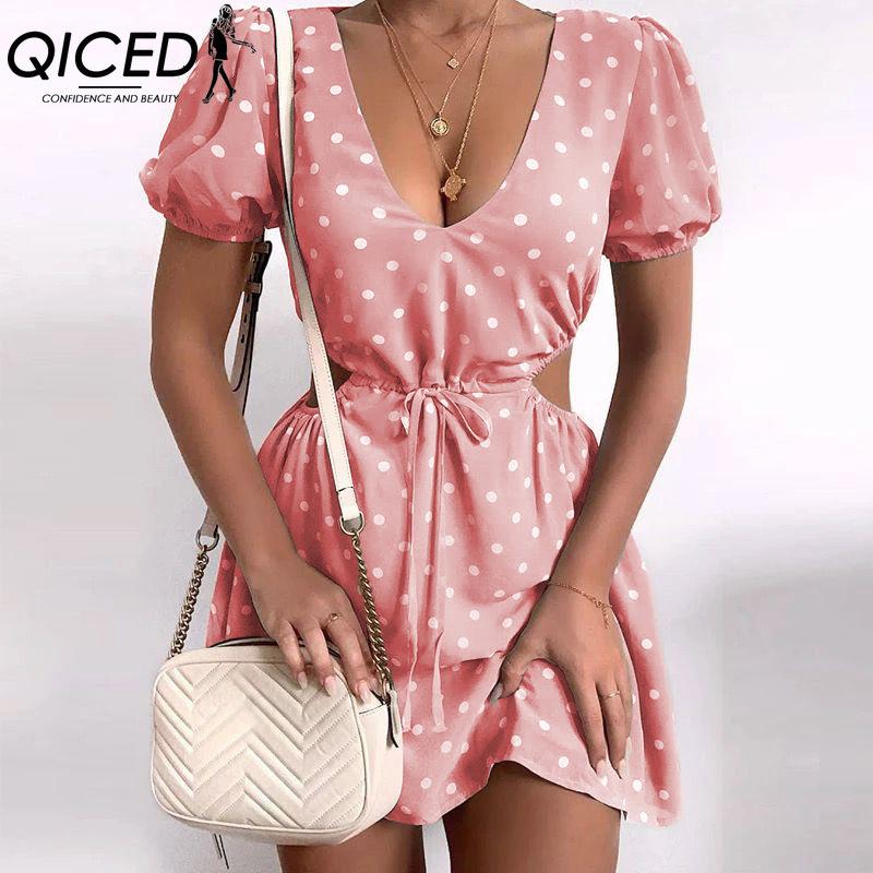 QICED Rochie de întâlnire pentru femei, moale, cu buline, cu talie decupată