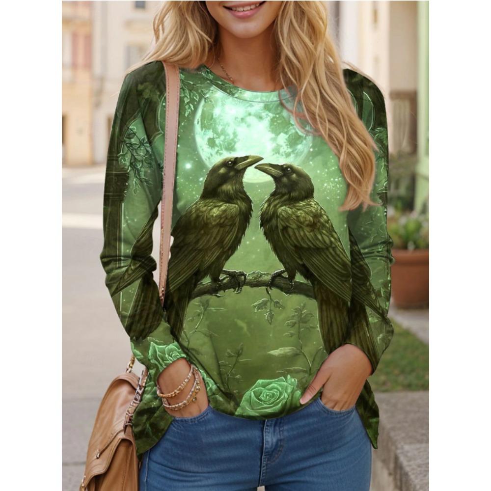 Tops for Women Bird Print Round Neck Long Sleeve T-shirt Fall Casual Slim Pullover Women's Long Sleeve Top