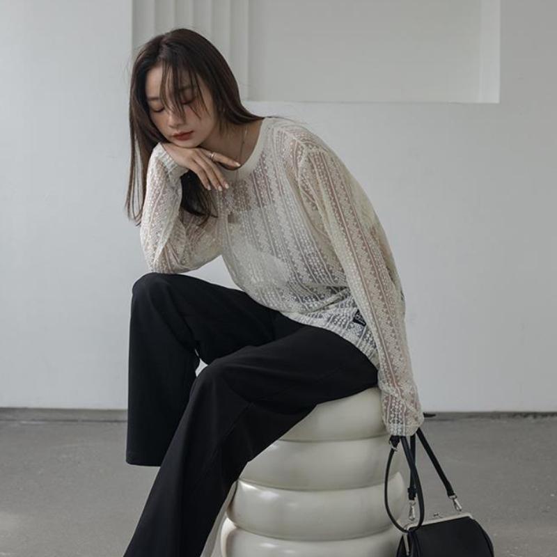 Lace Base Shirt Women's Summer Sun Protection Thin Cover Shirt Long Sleeved T-shirt with Hollowed Out Mesh Top Inside