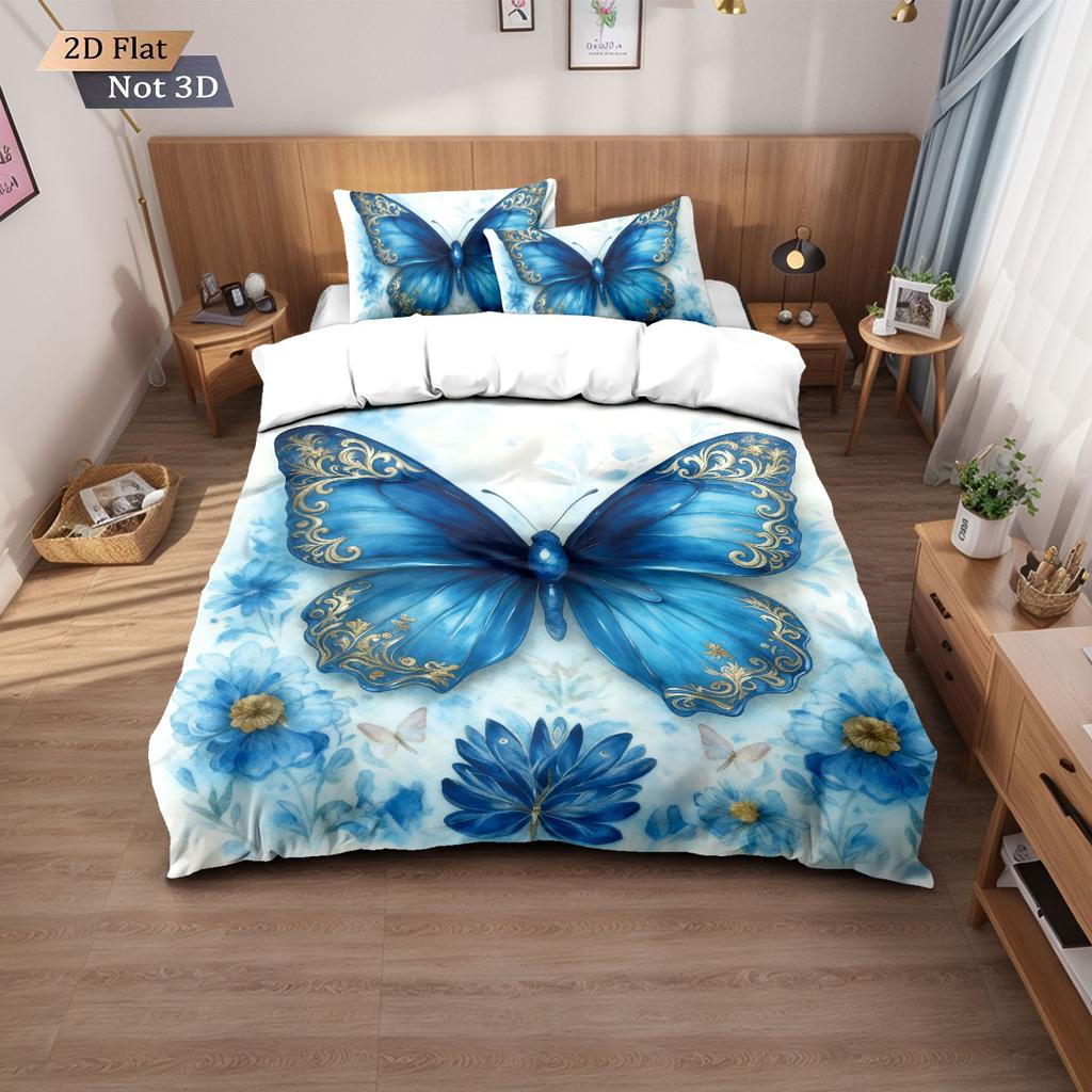 3pcs blue butterfly printed coreless bedding set, comfortable multi size bedroom and dormitory duvet covers, machine washable