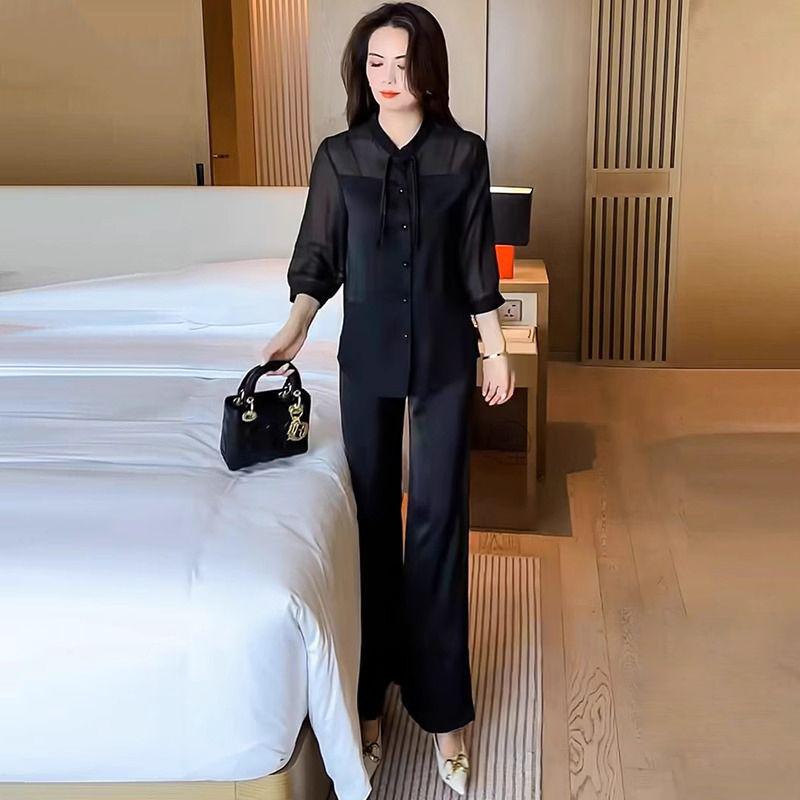 2025 Summer Women's Chic Two-Piece: Frog Button Shirt & Wide-Leg Pants