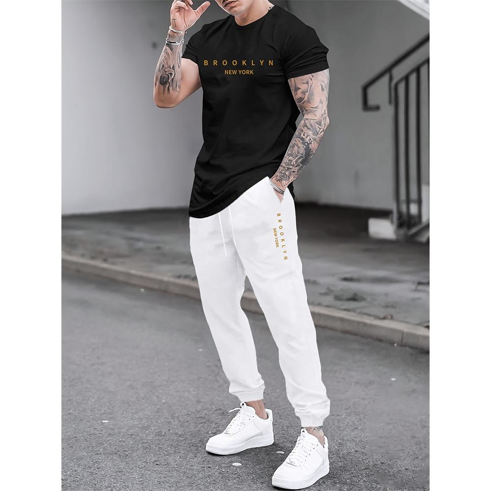 2 Piece Regular Fit Men's Jogger Pants Letter Printed Men's Short Sleeve T-Shirt Set Street Outdoor Casual Fashion Set