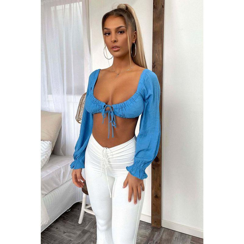 Fashion Style 2024 Summer New Arrival Versatile Low-Cut Sexy Slim Looking Pleated Tie Crop Top Short Long Sleeve Top