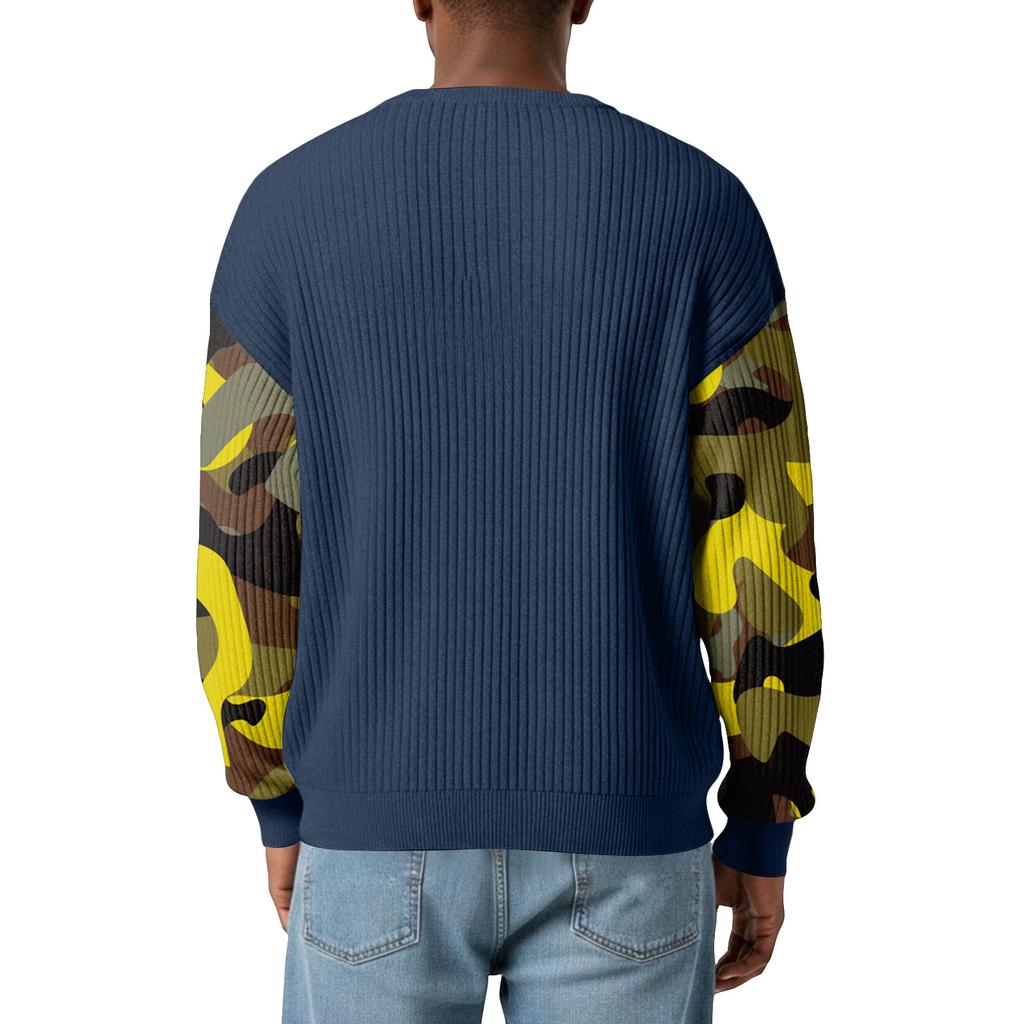 Men's Camouflage Stylish V-Neck Ribbed Textured Long-Sleeve T-Shirt