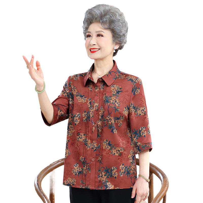 Floral Seven-Sleeve Shirt for Middle-Aged Women – Chinese Style Grandma's Spring/Summer Top
