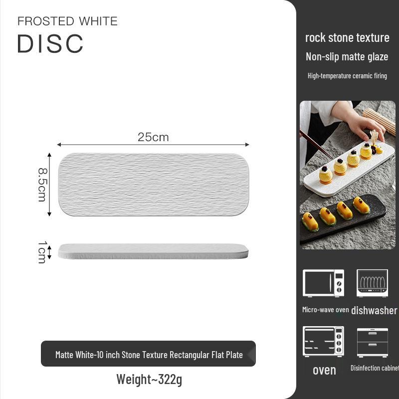 Black & White Rectangular Ceramic Plate - Rock Texture, Ideal for Sushi, Sashimi, Dessert.