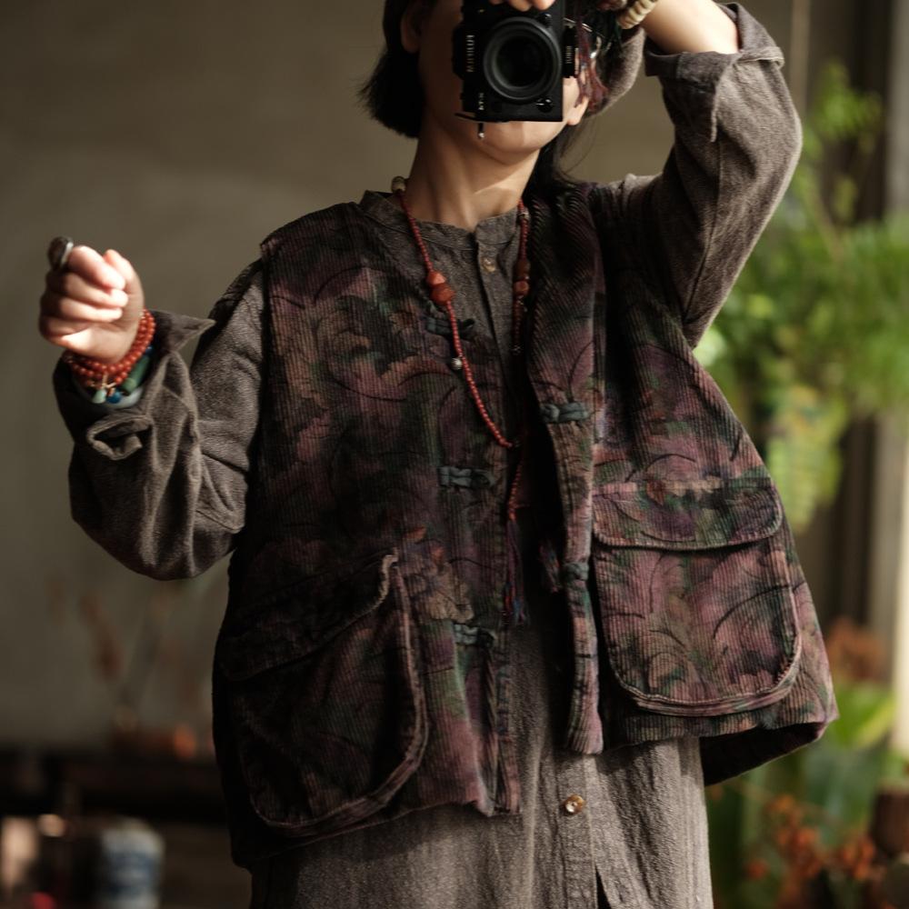 Johnature Vintage Women Coats V-Neck Sleeveless Print Floral Button Patchwork Pockets Autumn Coats