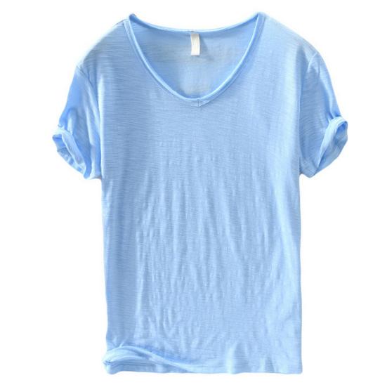 Summer Men Thin Breathable T-shirt V-neck Short Sleeve Solid Color Casual Basic Tees Casual Bottoms Pullover Tops