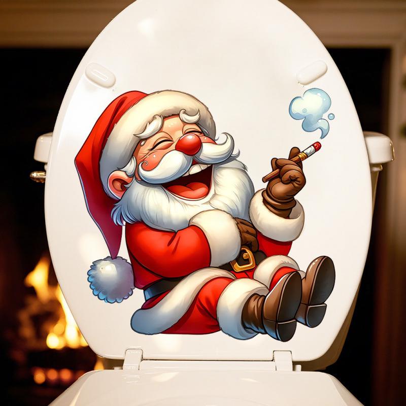 Creative Santa Claus Smoking Toilet Wall Sticker – Festive Flat Decoration