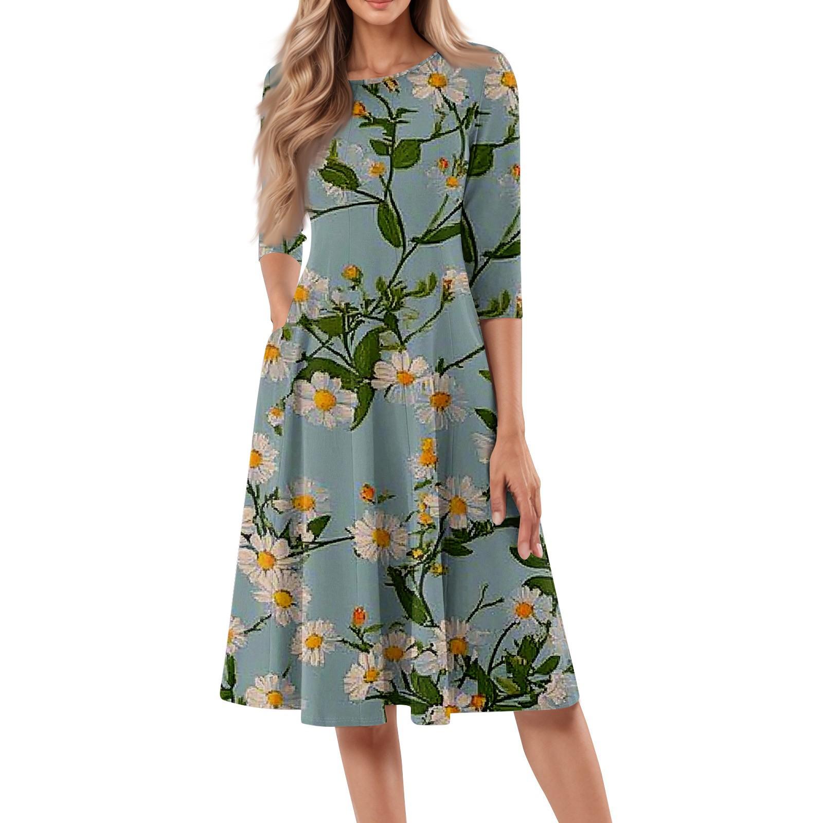 

Жіноча повсякденна модна сукня міді з круглим вирізом і рукавом три чверті з квітковим принтом XXL темно-зелений колір