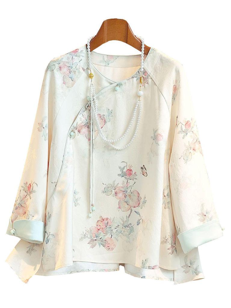Women's Retro Chinese Jacquard Summer Top - Round Neck, Button Design, Sweet and Trendy Style