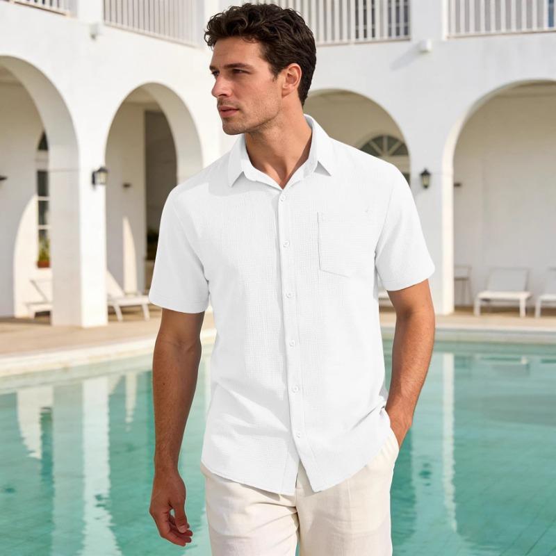 

Men Bubble Textured Short Sleeve Button Down Shirt Casual Breathable Summer Shirt for Men S белый