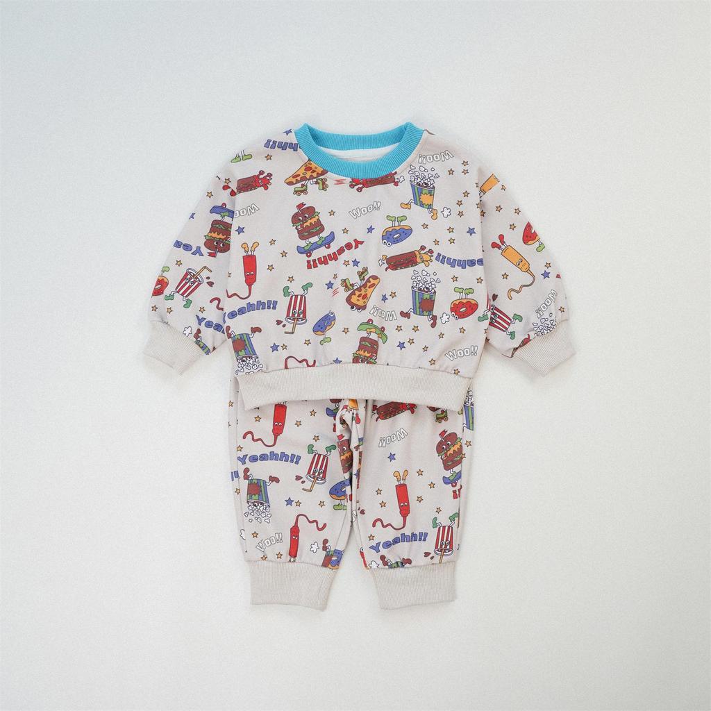 2025 Autumn Kids' Cartoon Pizza Hoodie & Pants Set - European Style, Full Print