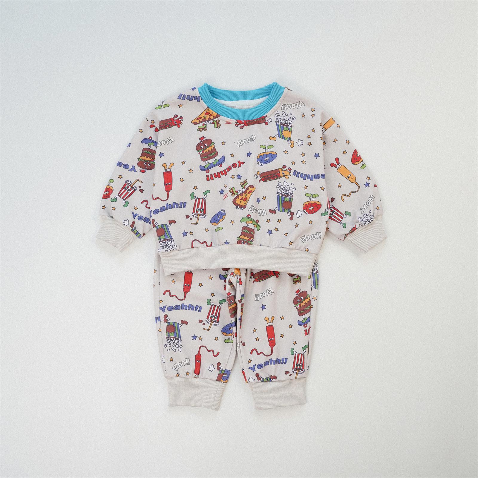 2025 Autumn Kids  Cartoon Pizza Hoodie & Pants Set - European Style, Full Print 90cm