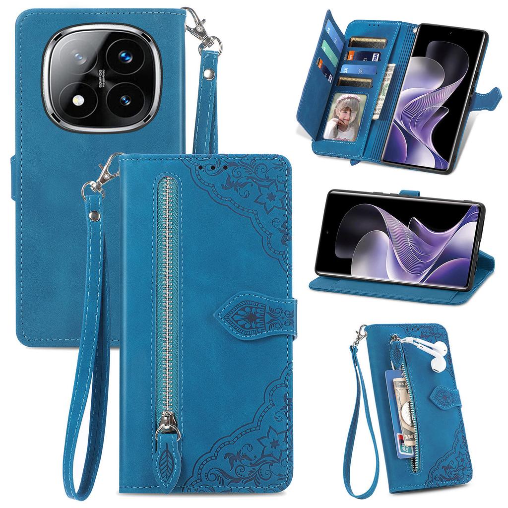 For Xiaomi Redmi Note 14 Pro+ 5G Zipper Wallet Case with Strap Flower Imprint PU Leather Phone Cover