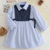 Korean Version Fashion 3-7 Years Girls Lapel Long Sleeved Buttons Bow Decoration Dress Spring Autumn Kids Casual Clothes