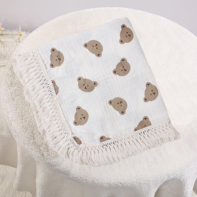 Pătură de înfășat din bumbac creponat cu strat dublu și ciucuri pentru bebeluși
