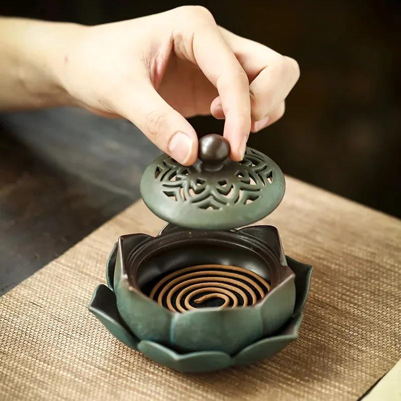 Vintage Lotus Design Ceramic Incense Burner Handmade Aromatherapy Holder for Home Zen Decor Relaxation Fragrance Art Gift