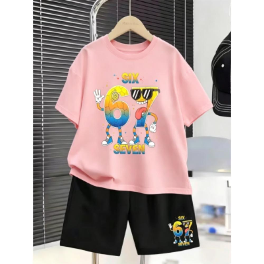 67 Number Funny Printed Men's T-shirt and Shorts 2 Piece Set Summer Home Outdoor Casual Outfit for Men's and Women's T-shirt Set