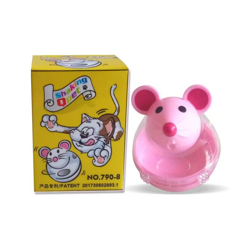Mouse shaped wobbly creature rolling and splashing food, pet puzzle cartoon cat toy leaking food, feeding