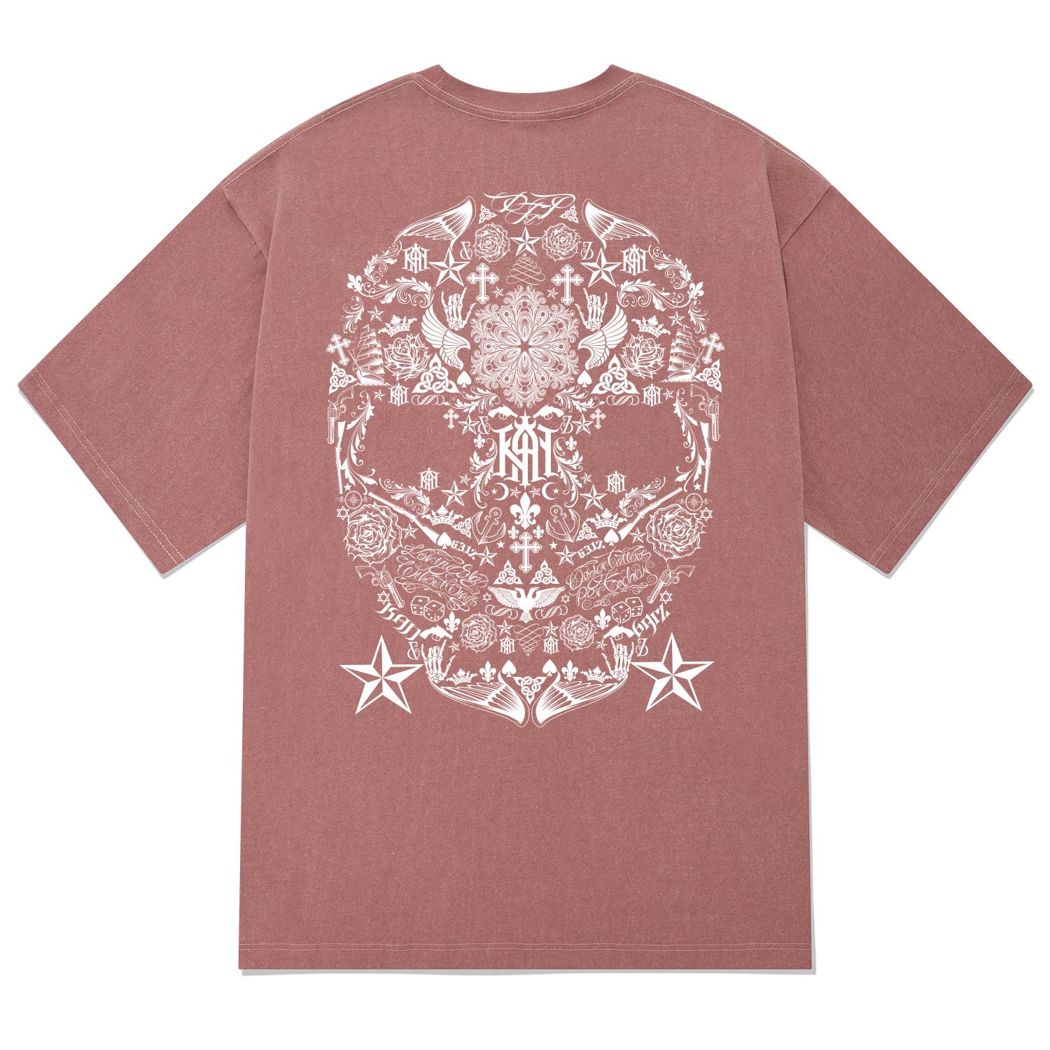 Khan 6312 Ktpp0094 Skull Art Pigment Short Sleeve T-Shirt - Pink Pink/L