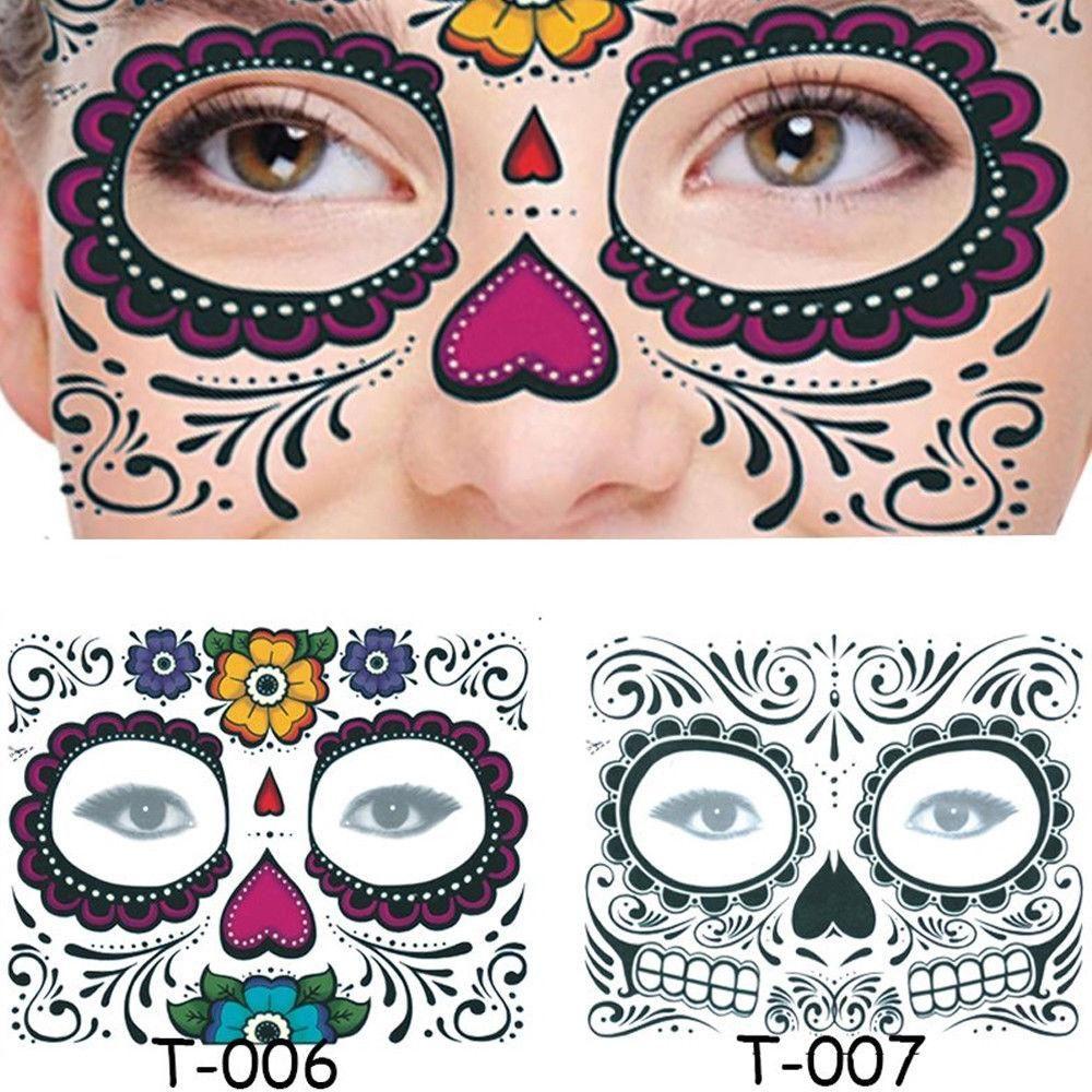 Day of The Dead Skull Face Dress Up Temporary Tattoo Stickers Pop Halloween Facial Makeup Special Waterproof Face Tattoo