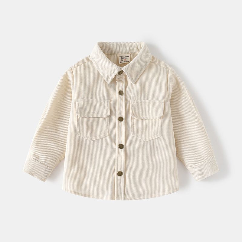 Kids Double Pocket Shirt Spring and Autumn Boys' Long Sleeves Corduroy Shirt Baby Boys' Polo Collar Solid Color Cardigan Top