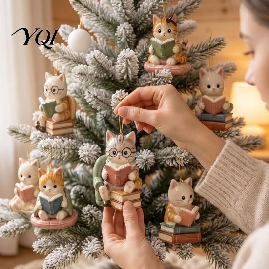 Christmas Tree Hanging Decorations Reading Cat Advent Calendar 2026, Cute Kitten Acrylic Ornaments 24 Days Countdown Unique Box Calendar, Pcs Cartoon
