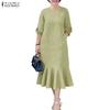 Robe décontractée à col rond et manches 3/4 pour femme, couleur unie