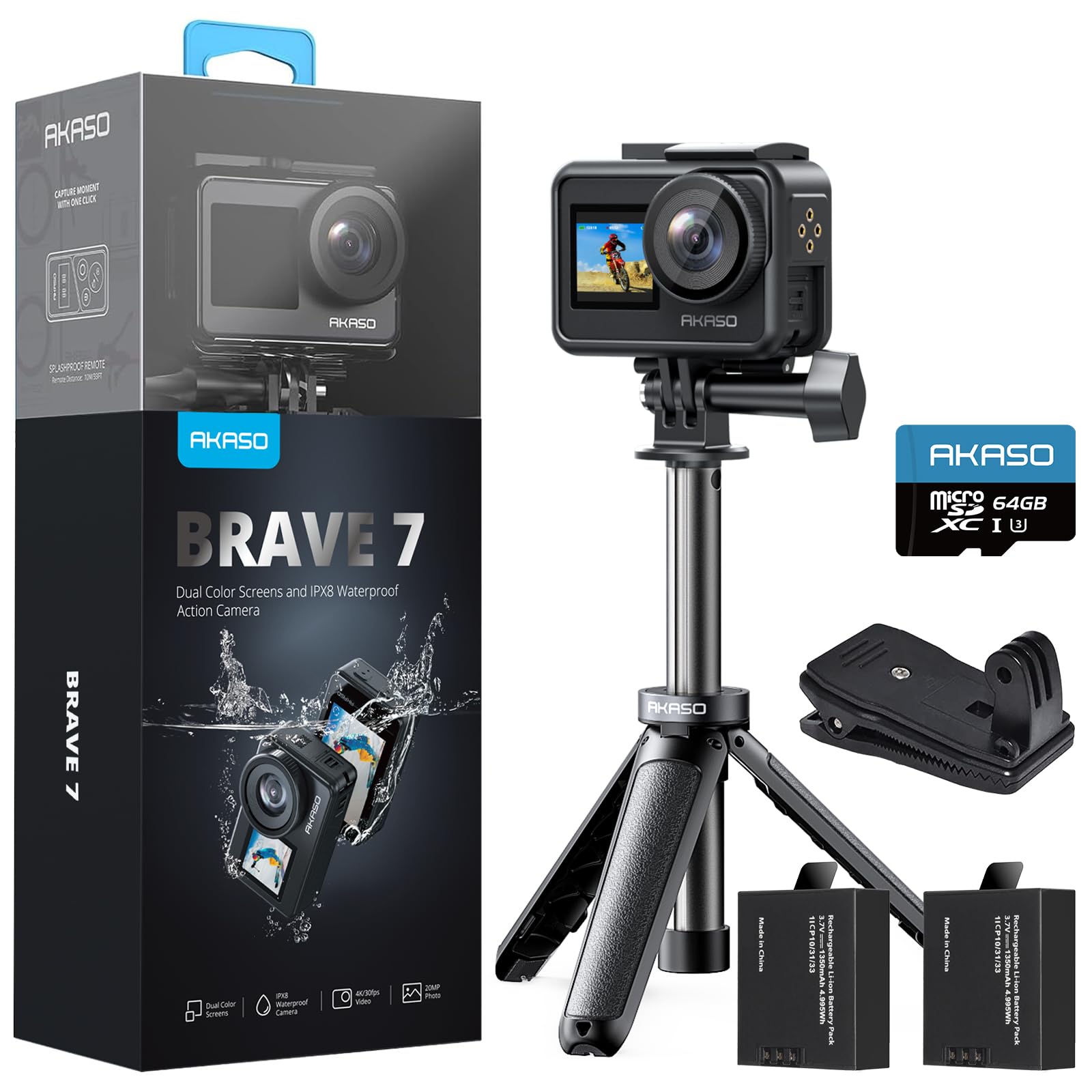 

AKASO Brave7 Action 4K Action Cam with 64GB IPX8 Waterproof to Underwater Camera with Image Backpack Clip and Mini Tripod Selfie Stick Camera, Card,