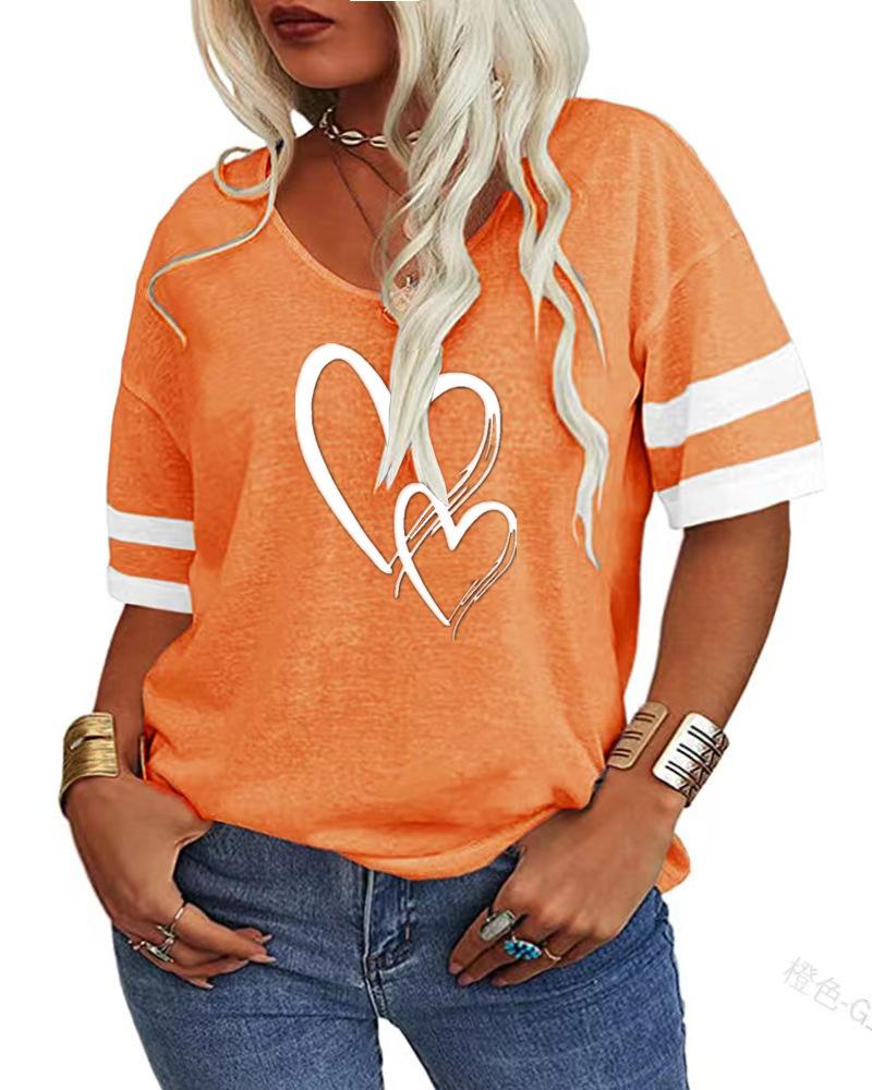 

Плюс размер 7XL 3D футболка женская V-образный вырез повседневные свободные крест сердечко напечатаны контрастный цвет короткий рукав футболки XL оранжевый