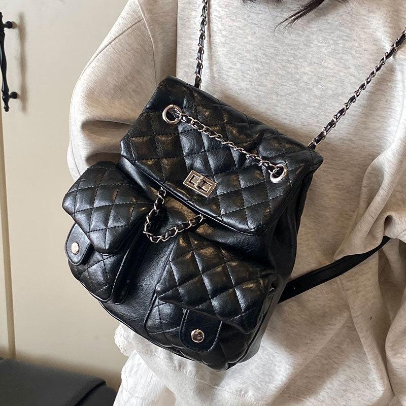 2025 New Fashion Small Fragrant Wind Rhombus Chain Backpack Femininity Versatile High Sense Multi-pocket Small Backpack