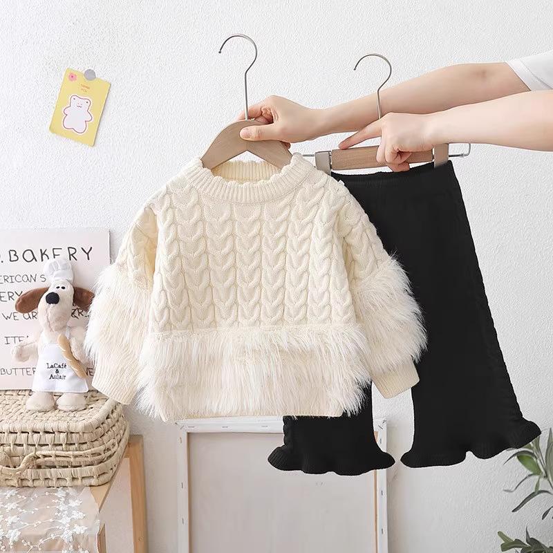 Girls' sweater long imitation mink fur two-piece set autumn and winter new item women's treasure round neck sweater pants set