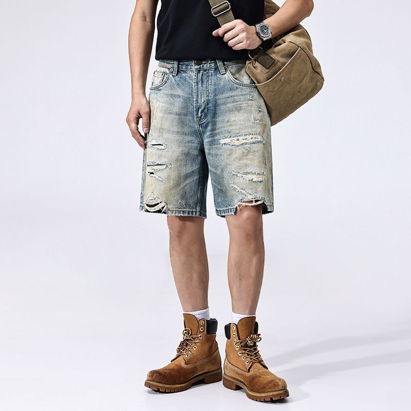 

Новые Ретро Рваные Джинсовые Шорты Мужские Летние Тонкие Брюки Пятиточки Повседневные Брюки Средней Длины 38